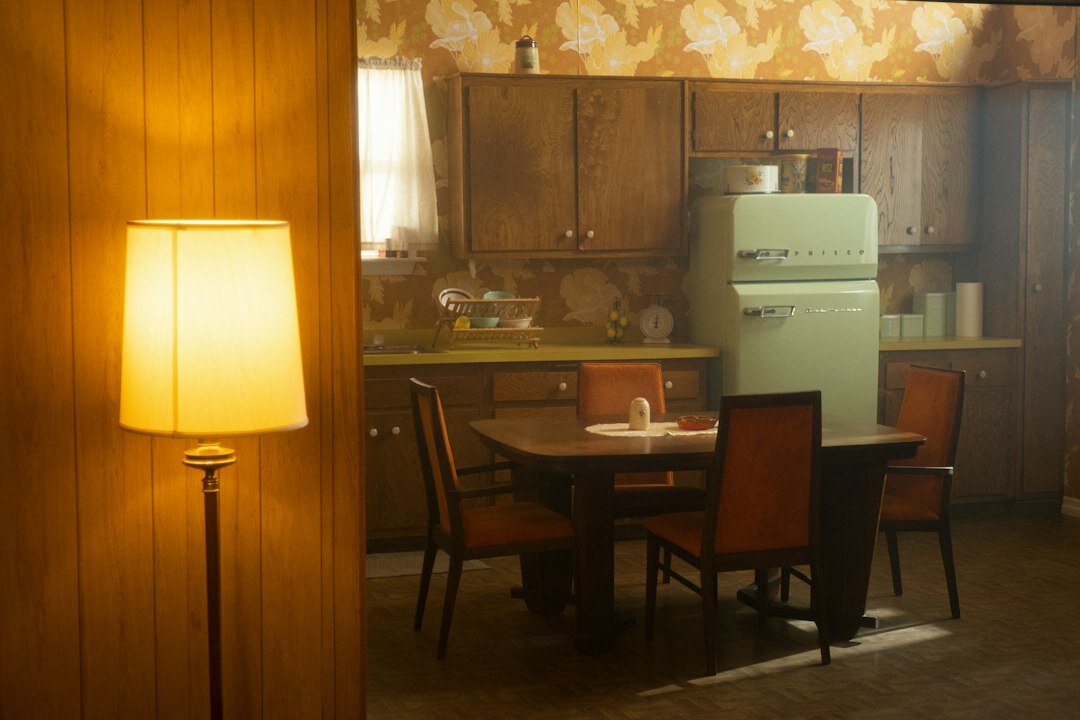 Vintage 1990s interior decor with retro furniture and sculptural lamp